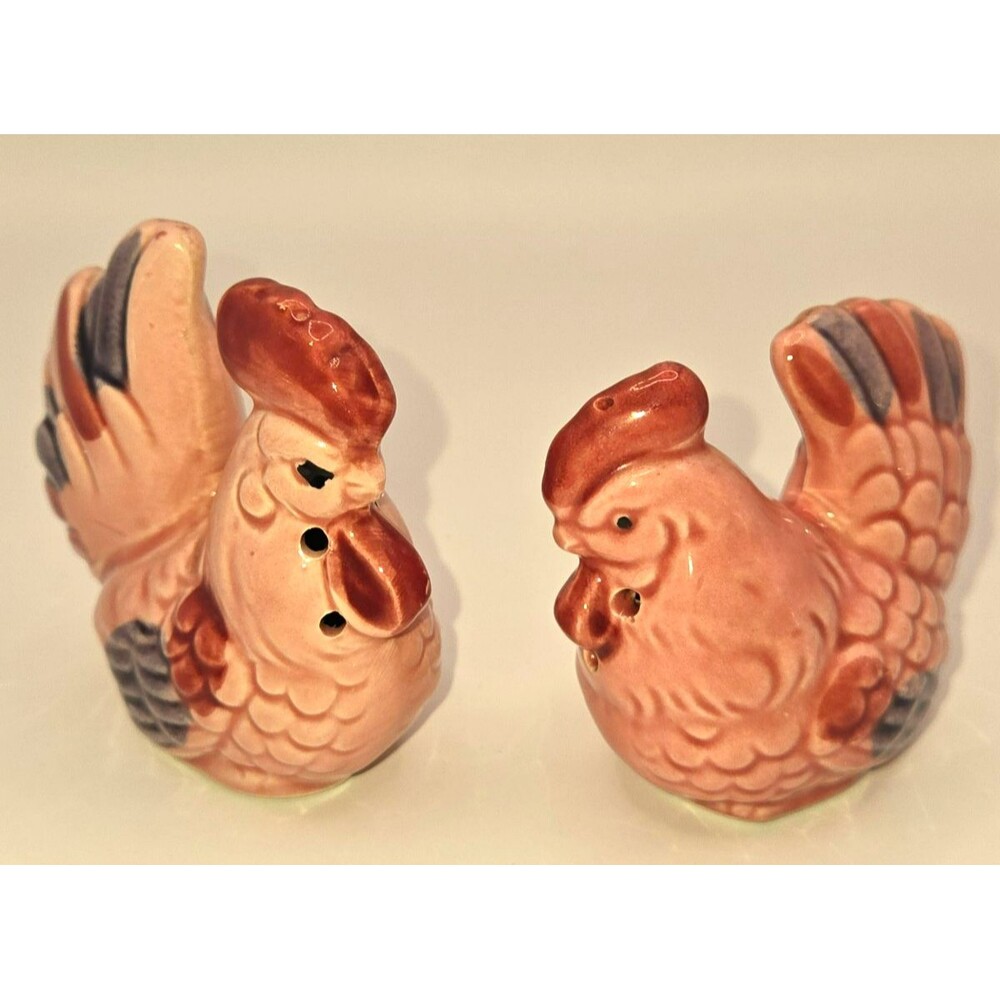 Vintage Japan Ceramic Rooster & Hen Salt and Pepper Shakers Set – Pink/Mauve Cou